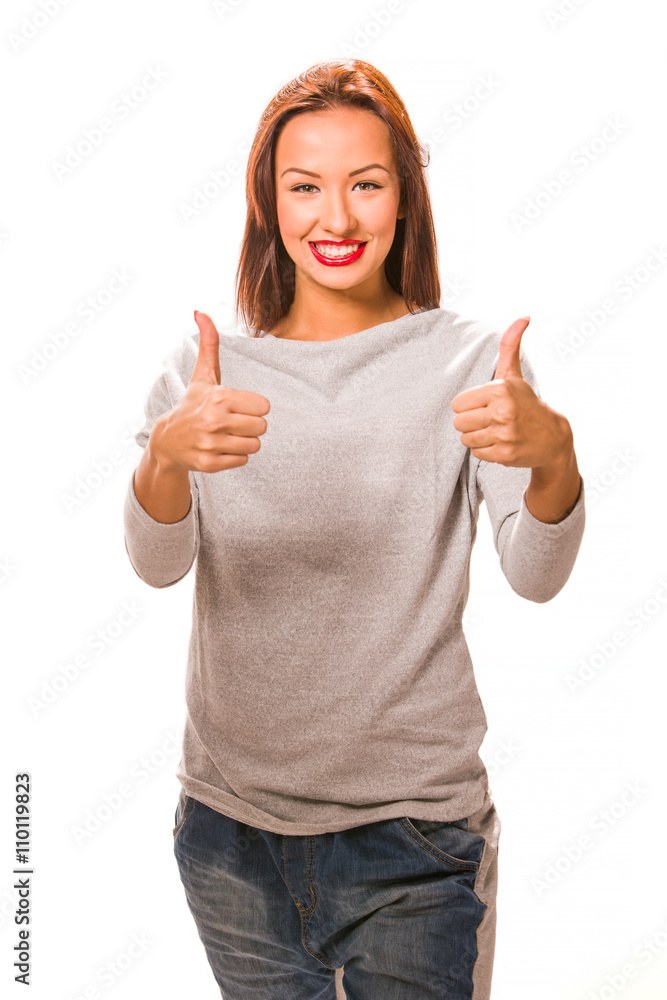 Brown hair beautiful woman with thumb up. Brown hair beautiful woman with thumb up.