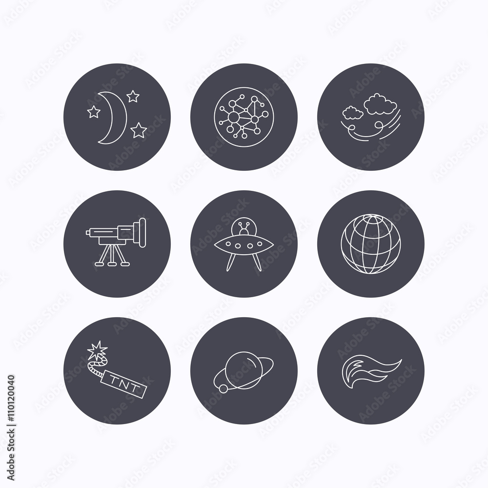 Ufo, planet and telescope icons. Global network. Ufo, planet and telescope icons. Global network.