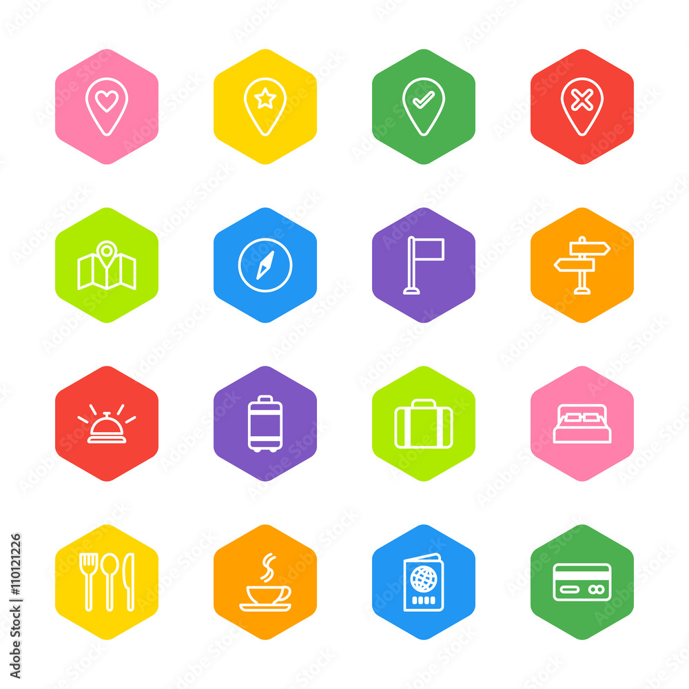 white line travel icon set on colorful hexagon for web design, user interface (UI), infographic and mobile application (apps) white line travel icon set on colorful hexagon for web design, user interface (UI), infographic and mobile application (apps)