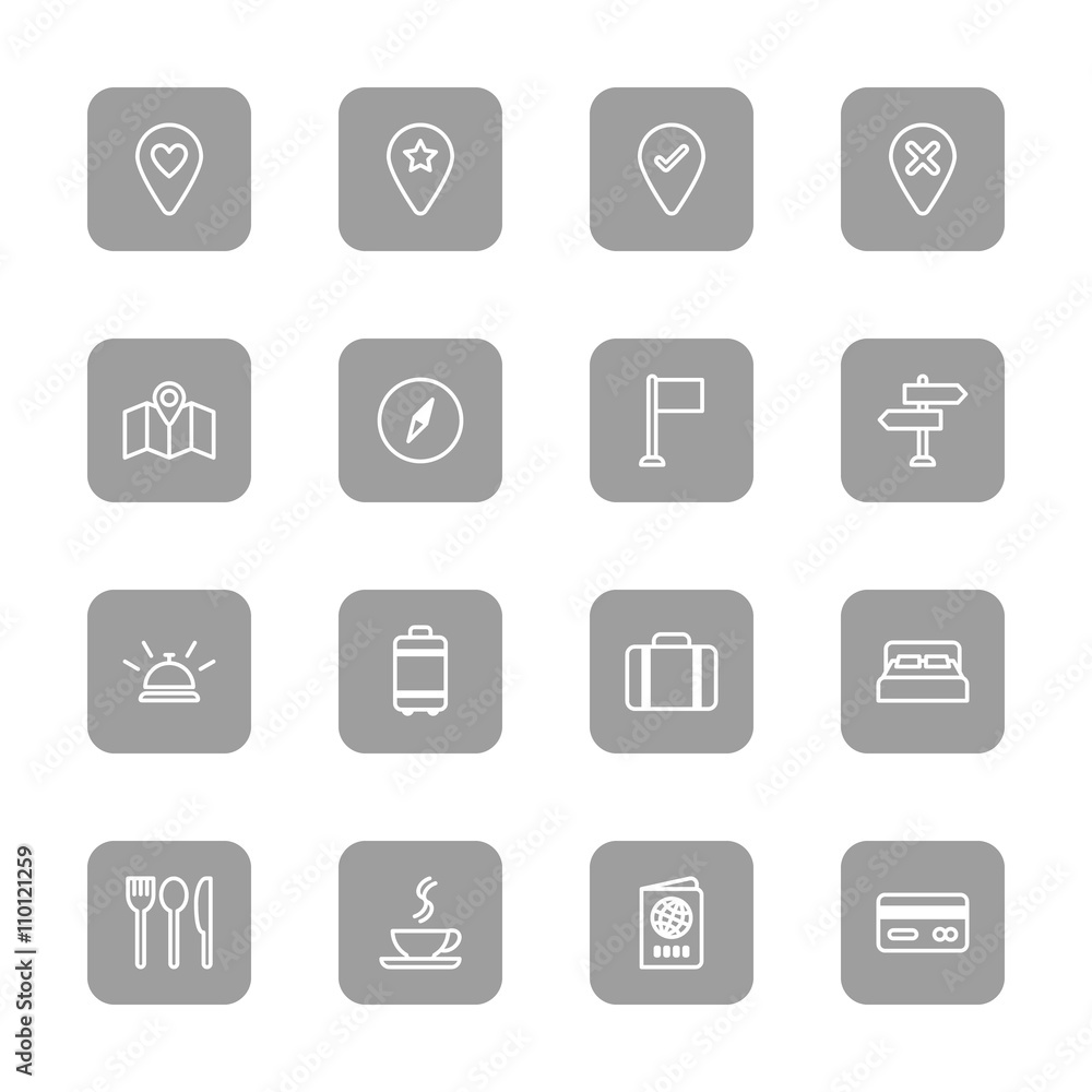 line travel icon set on gray rounded rectangle for web design, user interface (UI), infographic and mobile application (apps) line travel icon set on gray rounded rectangle for web design, user interface (UI), infographic and mobile application (apps)