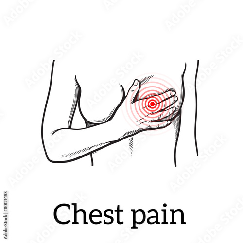 Information about heart pain, chest pain in women, , vector sketch hand-drawn illustration of heart and human patients suffering from chest pains woman holding chest