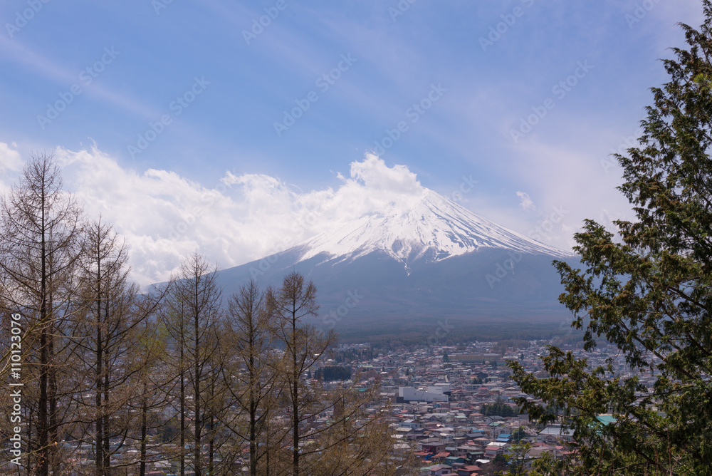 The Mt.Fuji in a part cloudy day with cheery blossom or Sakura. The landscape is also took with others Japanese landmark The Mt.Fuji in a part cloudy day with cheery blossom or Sakura. The landscape is also took with others Japanese landmark