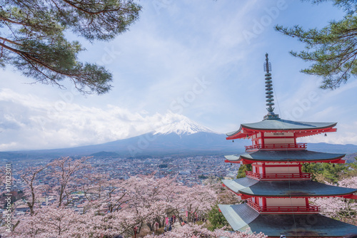 The Mt.Fuji in a part cloudy day with cheery blossom or Sakura. The landscape is also took with others Japanese landmark