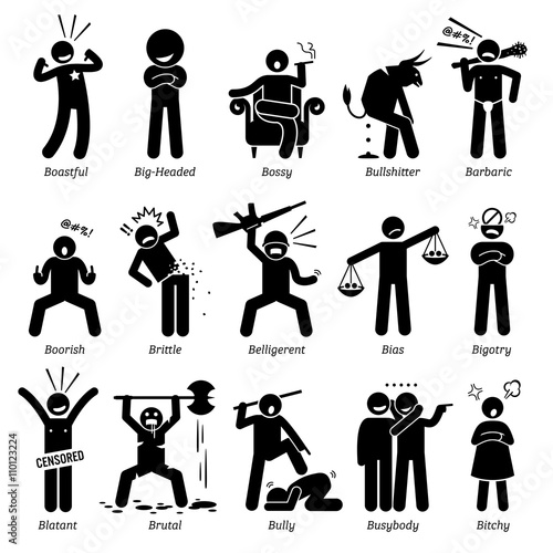 Negative Personalities Character Traits. Stick Figures Man Icons. Starting with the Alphabet B.