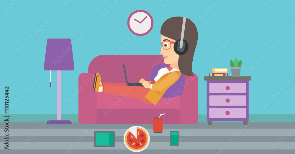 Woman lying on sofa with many gadgets. Woman lying on sofa with many gadgets.