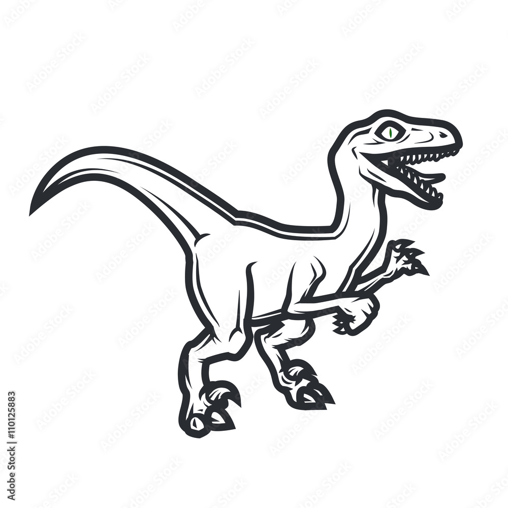 Prehistorical dino Logo concept. Raptor insignia design. Jurassic dinosaur illustration. T-shirt concept on white background.