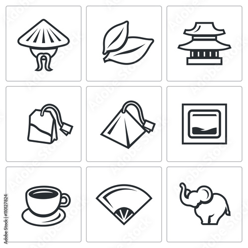 Vector Set of Tea Icons. China, Leaf, Temple, Teabag, Cup, Ceremony, Elephant