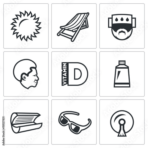 Vector Set of Sun Tanning Icons. Sun, Lounger, Sunstroke, African, Vitamin D, Tan, Solarium, Sunglasses, Stikine.