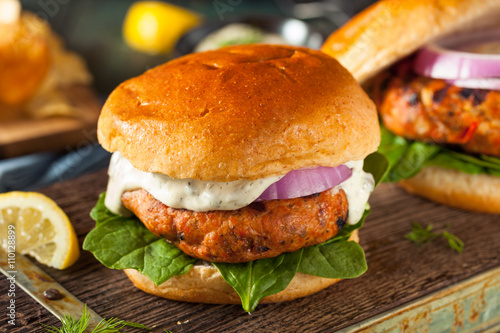 фотографія Homemade Salmon Burger with Tartar Sauce