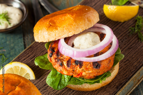 Homemade Salmon Burger with Tartar Sauce photo