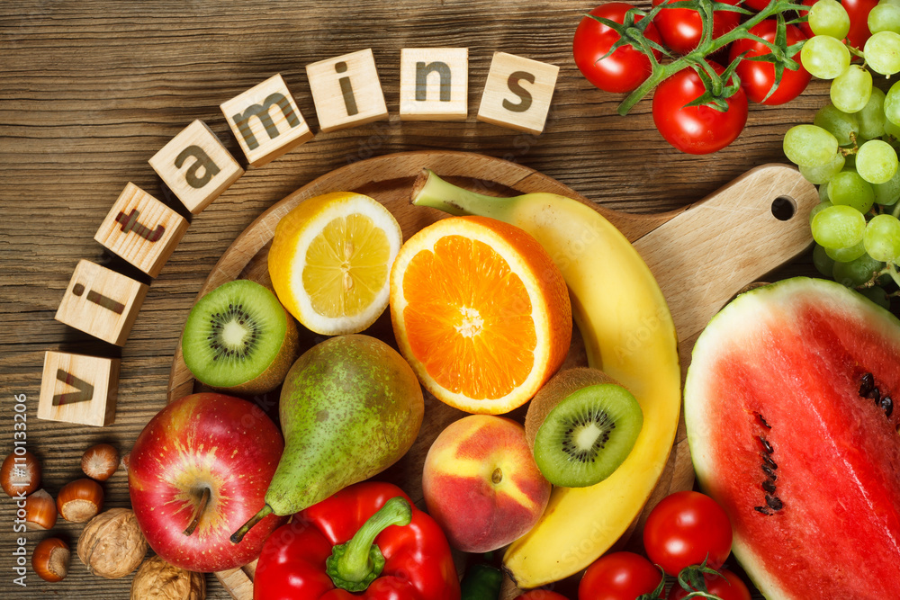 Vitamins in fruits and vegetables - obrazy, fototapety, plakaty 