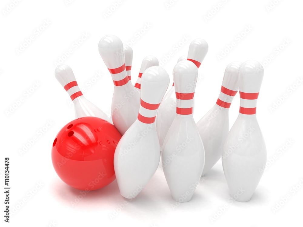 Bowling ball and skittles isolated. 3d rendering. Bowling ball and skittles isolated. 3d rendering.
