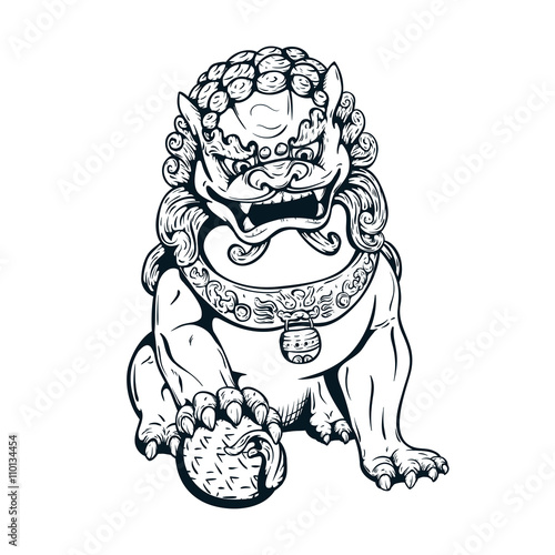 Handdrawn oriental tiger, asian lion, chinese temple guard