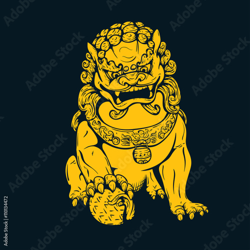 Handdrawn oriental tiger, asian lion, chinese temple guard