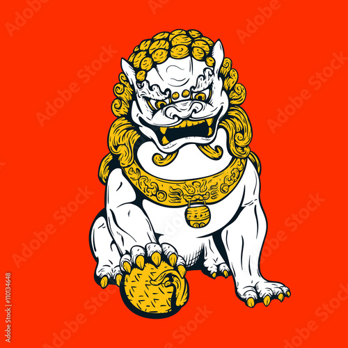 Handdrawn oriental tiger, asian lion, chinese temple guard