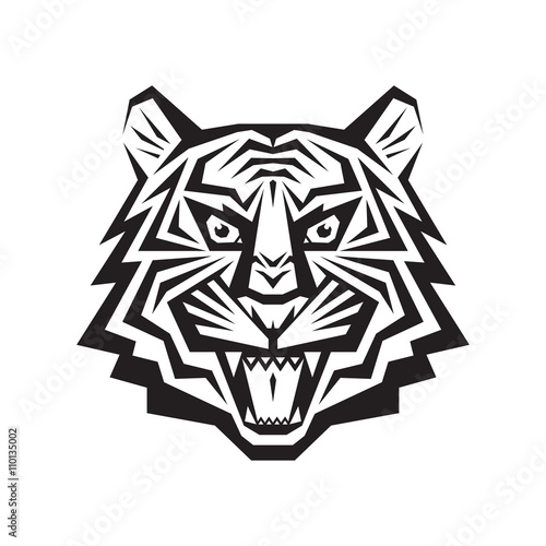 Fototapeta Naklejka Na Ścianę i Meble -  Tiger head - vector logo concept illustration in classic graphic style. Tiger head silhouette sign. Tiger head tattoo. Bengal tiger head creative illustration. Black & white. Jaws mouth grin shops.
