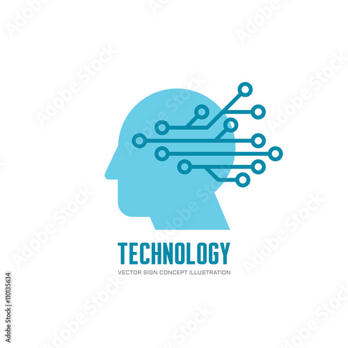 Technology - human head and electronic network - vector logo concept illustration. Digital chip human vector logo.