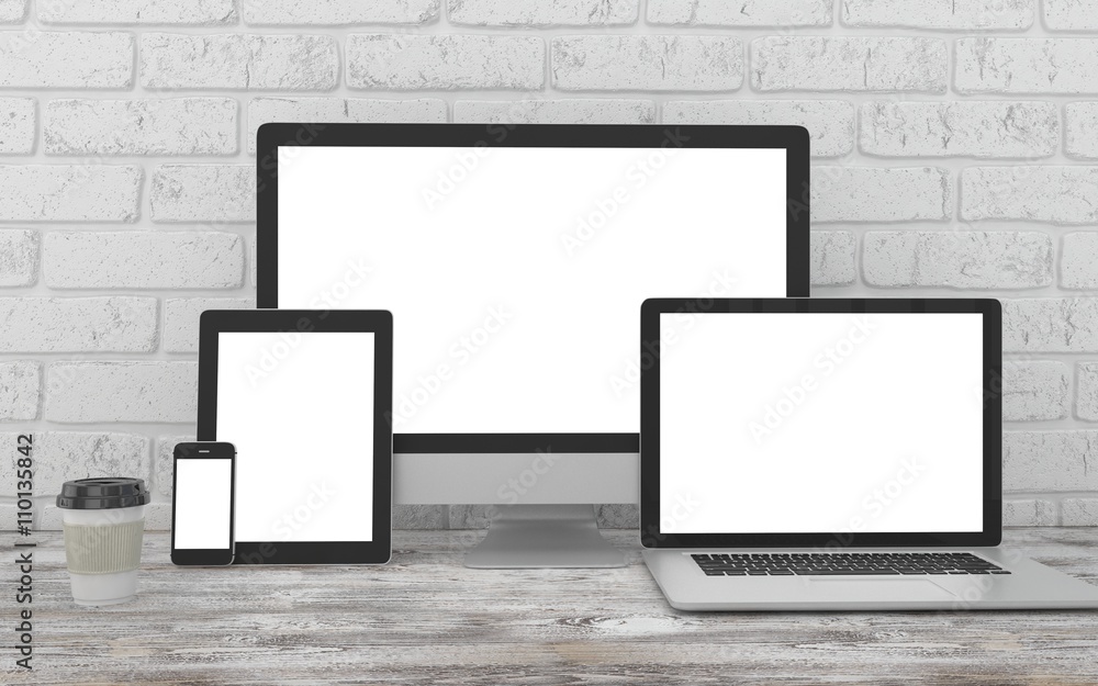Responsive mockup screen. Monitor, laptop, tablet, phone on table in office. 3d rendering. Responsive mockup screen. Monitor, laptop, tablet, phone on table in office. 3d rendering.