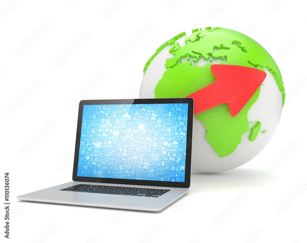 Laptop network and earth globe. 3d render Laptop network and earth globe. 3d render
