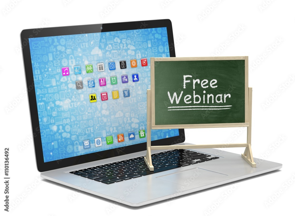 Laptop with chalkboard, free webinar, online education concept. 3d rendering. Laptop with chalkboard, free webinar, online education concept. 3d rendering.