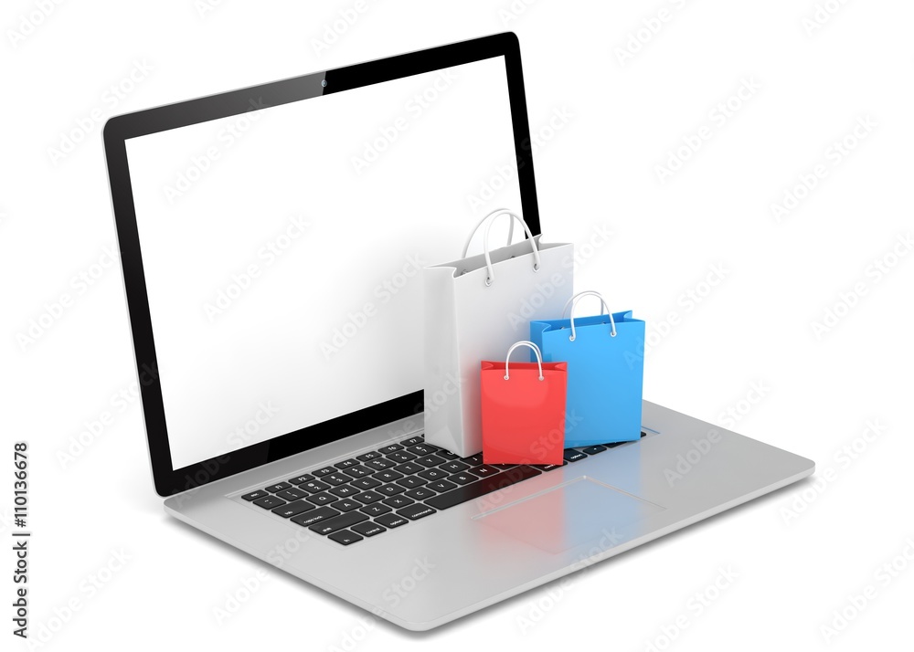 laptop and shopping pags on white background. 3d rendering. laptop and shopping pags on white background. 3d rendering.