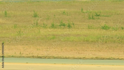 Closeup Self-propelled Passenger Steps Move along Airfield photo