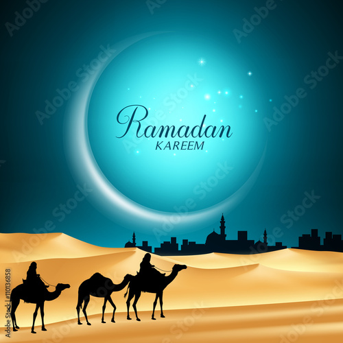 Ramadan Kareem Moon Background in the Night with Camels Riding in the Desert Sand Going to the Middle East City for the Holy Month. Vector Illustration  