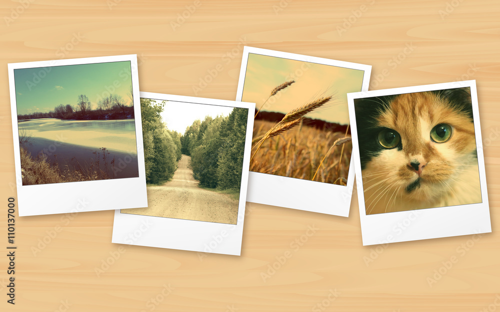 Fototapeta premium Vintage photo on wooden table, photo collage