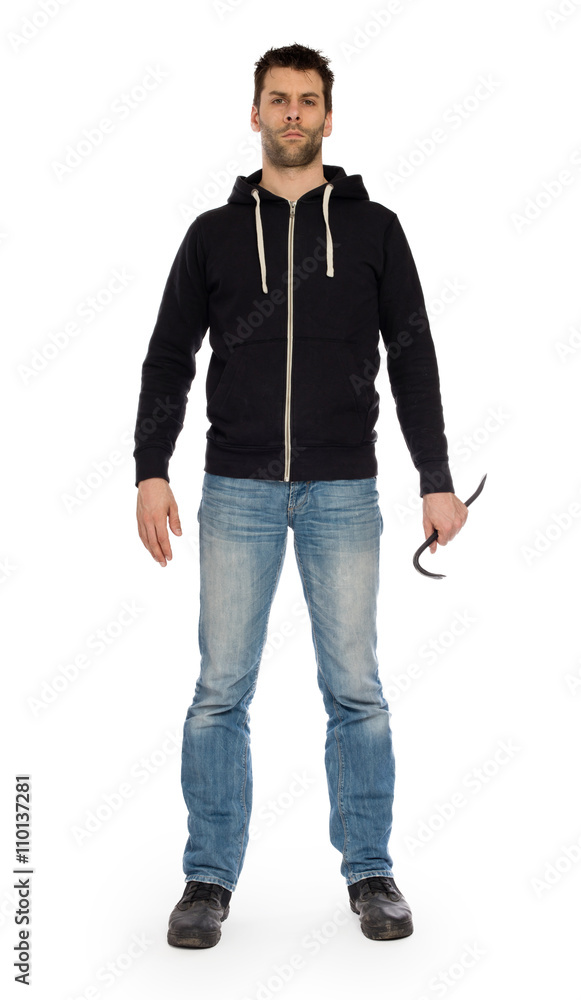 Crime concept. Criminal in hood with crowbar in hand Crime concept. Criminal in hood with crowbar in hand