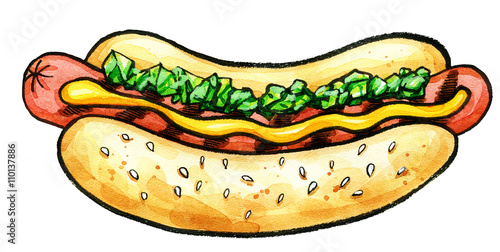 Hot Dog with mustard, grill marks and green relish