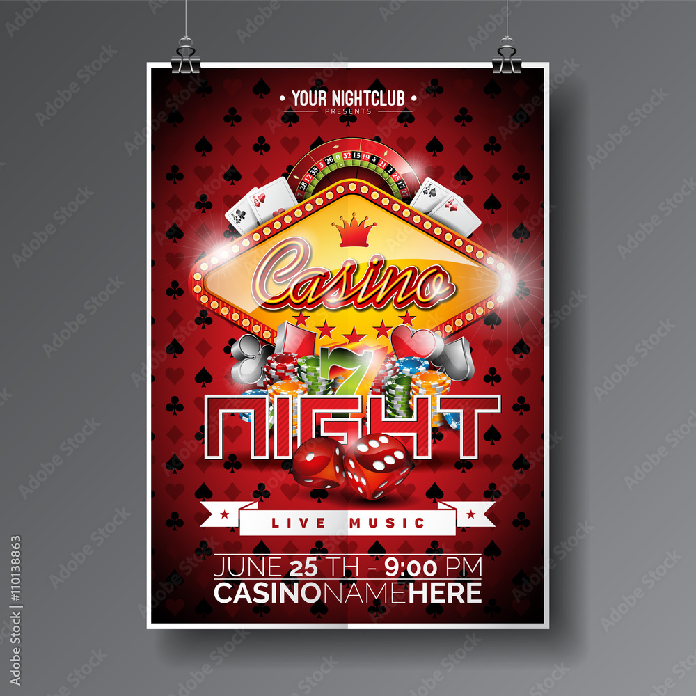 Obraz premium Vector Party Flyer design on a Casino theme with chips and cards on dark symbols background.