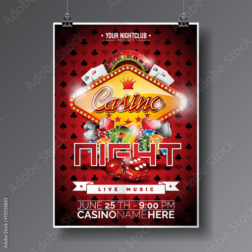 Vector Party Flyer design on a Casino theme with chips and cards on dark symbols background.