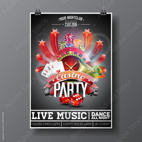 Vector Party Flyer design on a Casino theme with roulette wheel and game cards on dark background.