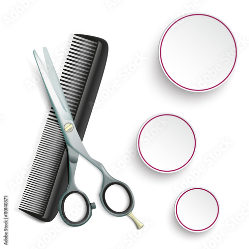 Haarschere und Kamm mit 3 Papierkreisen