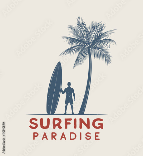 Sticker Vintage surfing logo, emblem, poster, label or print with surfer
