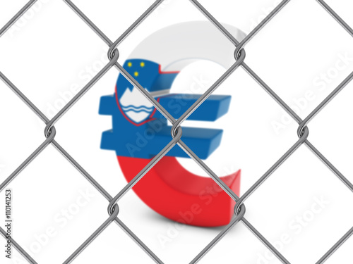 Slovenian Flag Euro Symbol Behind Chain Link Fence with depth of field - 3D Illustration