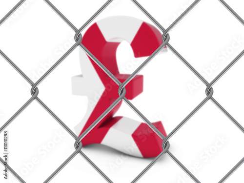 Northern Irish Flag Pound Symbol Behind Chain Link Fence with depth of field - 3D Illustration