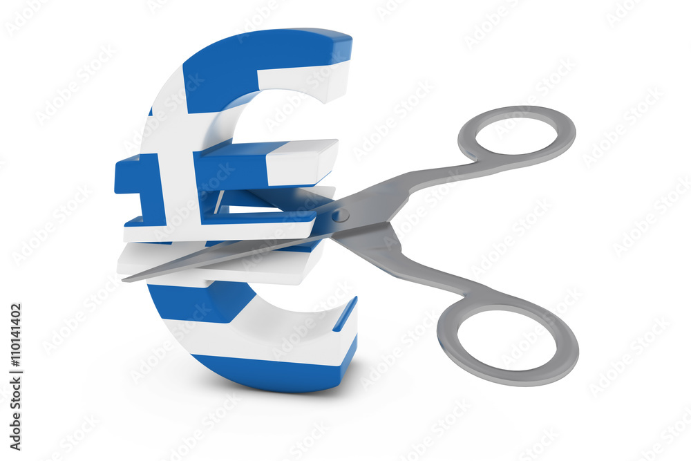 Greece Price Cut/Deflation Concept - Greek Flag Euro Symbol Cut in Half with Scissors - 3D Illustration - obrazy, fototapety, plakaty 