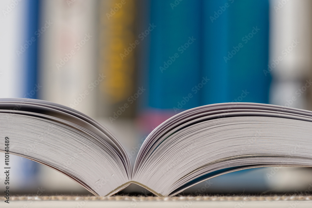 Obraz premium Detail view of open book in library. Shallow depth of field. Horizontal shot.