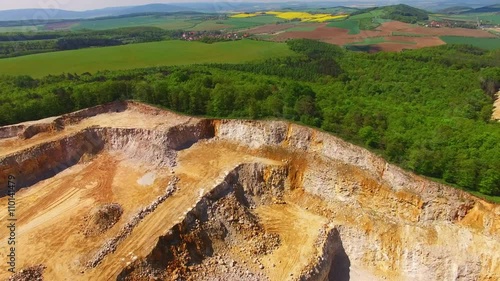 Flight over open cast mine. Biggest Czech limestone quarry Devil's Stairs - Certovy Schody. Aerial view of industrial landscape after mining. Industry and environment in Czech Republic, Europe.  photo