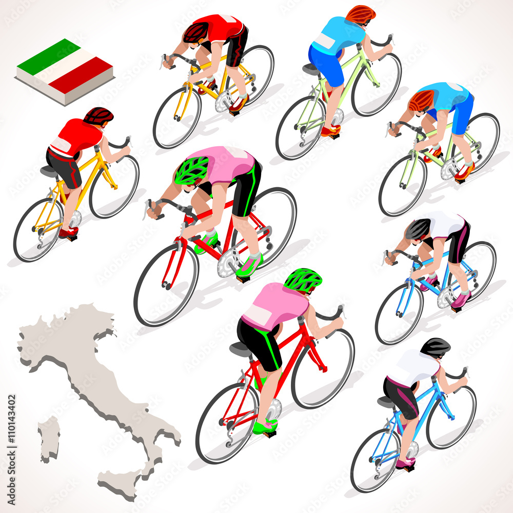 Obraz premium Giro Italia Racing cyclist group riding bicycle path. Flat 3D isometric people and bicycle