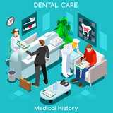 Dentist patient medical history waiting room before medical visit. Hospital clinic reception patients waiting medical consult. Healthcare 3D flat isometric people collection