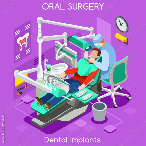Dental implant teeth hygiene and whitening oral surgery centre dentist and patient. Flat 3D isometric people dentistry clinic room dental cosmetic implant.