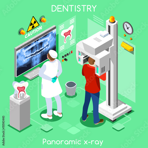 Dental panoramic teeth x ray radiography oral imaging dental centre dentist and patient. Flat 3D isometric people dentistry clinic room dental visit.