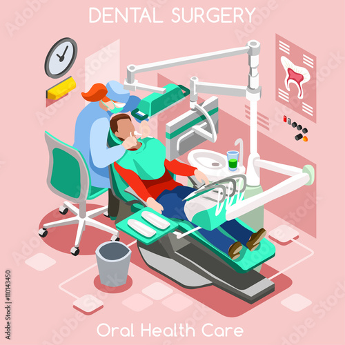 Dental implant teeth hygiene and whitening oral surgery centre dentist and patient. Flat 3D isometric people dentistry clinic room dental cosmetic implant.