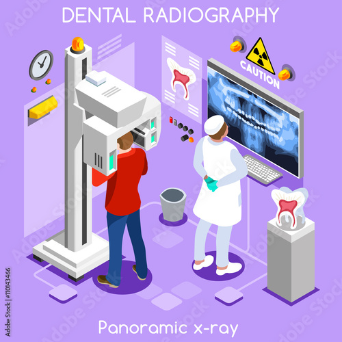 Clinic dental panoramic teeth x ray radiography oral imaging dental centre dentist and patient. Flat 3D isometric people dentistry clinic room dental visit.