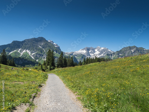 A view of Alpine mountains surrounding the village Schroecken in Bregenzerwald, region Vorarlberg, Austria
