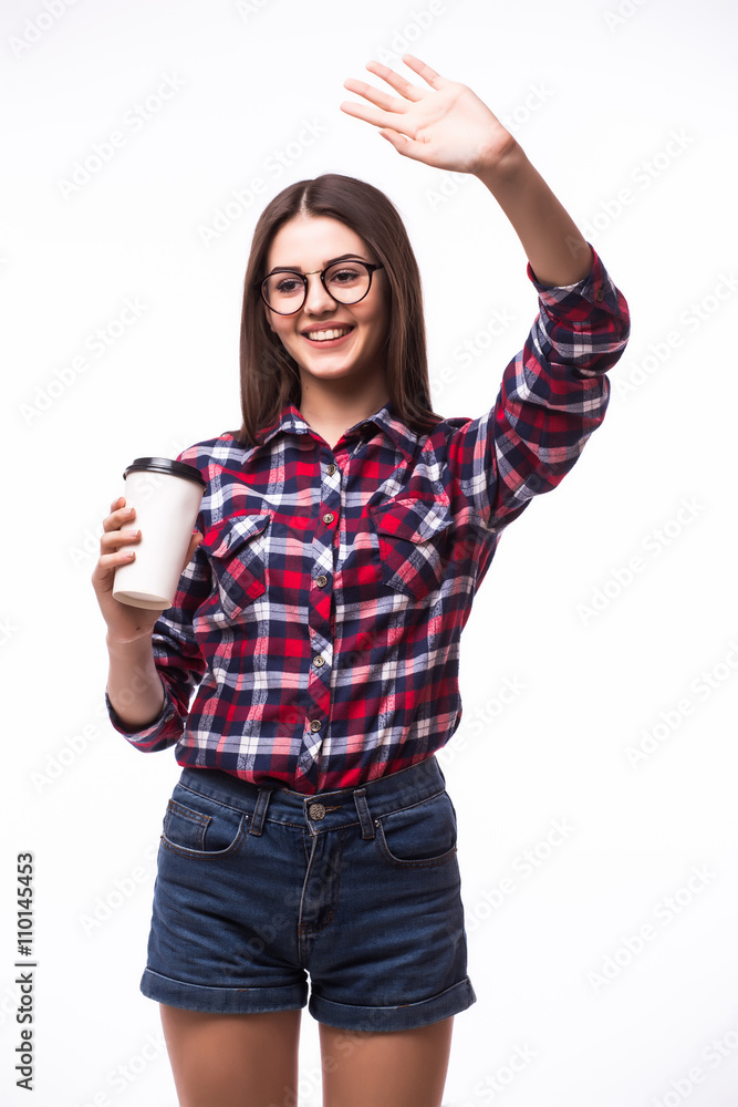 Portrait of beauty student girl with hello gesture drink tea or coffee from paper cup on white background. Portrait of beauty student girl with hello gesture drink tea or coffee from paper cup on white background.