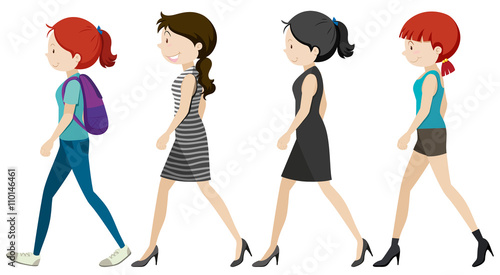 Four women walking on white background