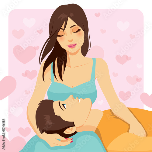 Beautiful young woman looking her boyfriend in love and man happy resting head on girlfriend lap